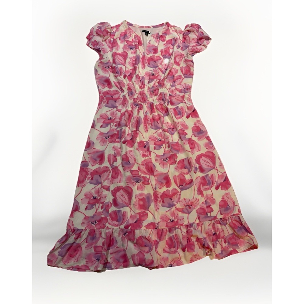 Talbots Pink Floral A-Line Knee Dress V-Neck Ruffle Flutter Sleeve 10‎